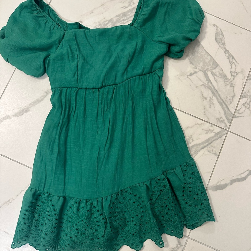 Kohl's Teal Green Puff-Sleeve Eyelet Hem Dress